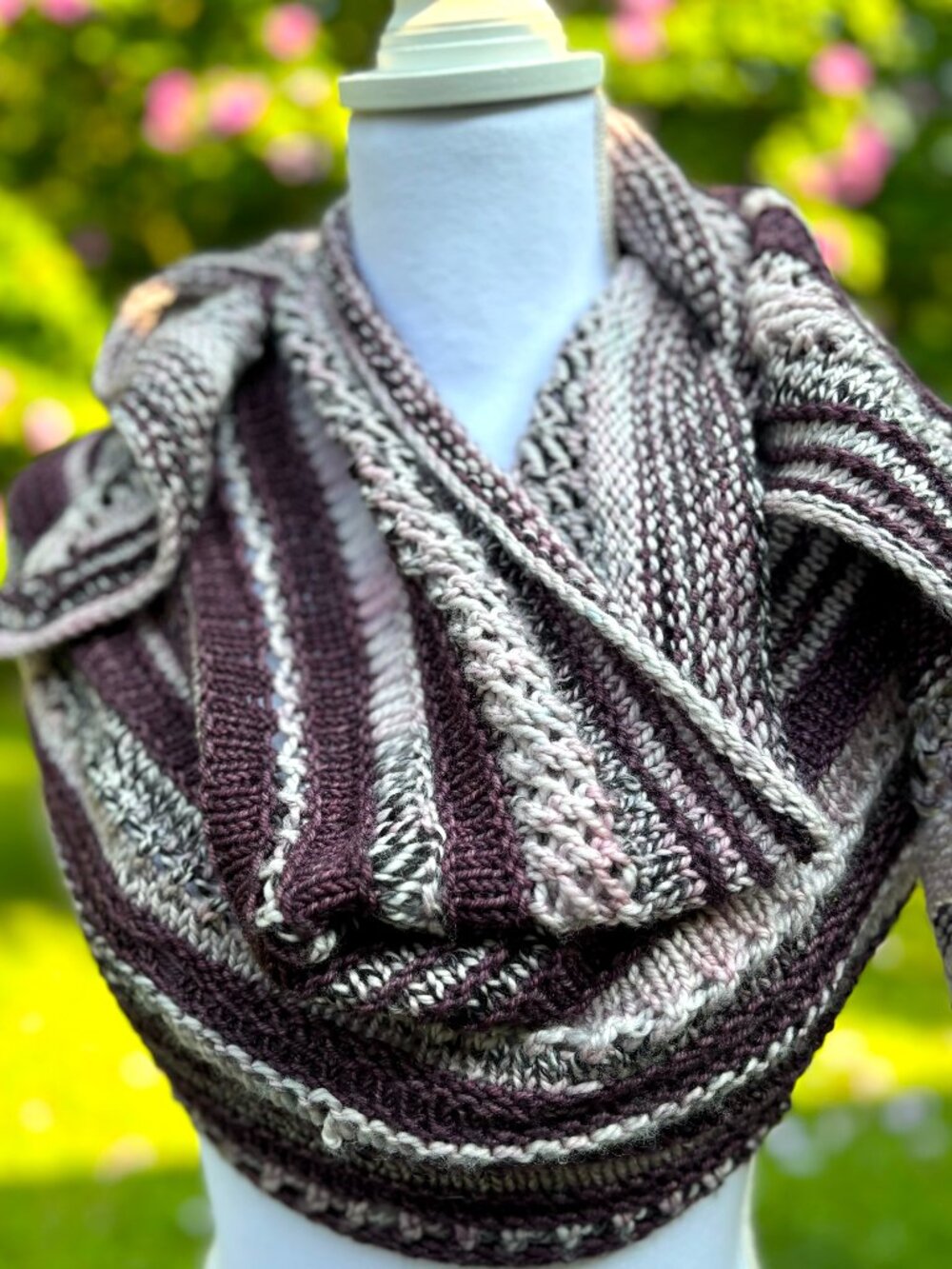 Custom OOAK Lace Stripe Merino Hand Knit Shawl Scarf Burgundy and Zebra